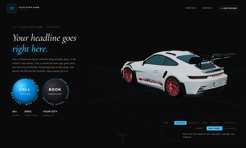 Auto shop sample website with an interactive 3D car showroom